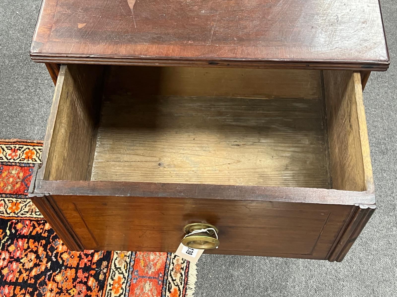 A 19th century style mahogany side table, fitted drawer on square tapered legs, width 50cm, depth 49cm, height 71cm